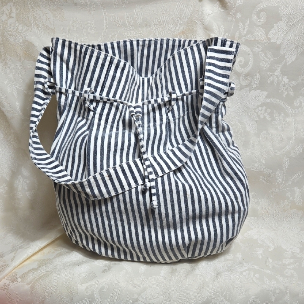 Magid Black And White Striped Unstructured Drawstring Beach School Tote